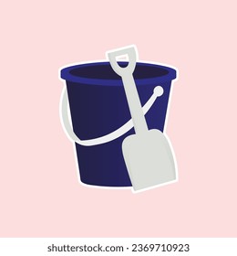 Cubo infantil con vector de pala. Ilustración vectorial aislada de un cubo amarillo y una pala