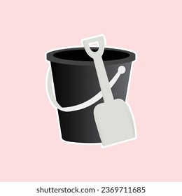 Children bucket with shovel vector. Vector Isolated Illustration of a Black Bucket and a Shovel