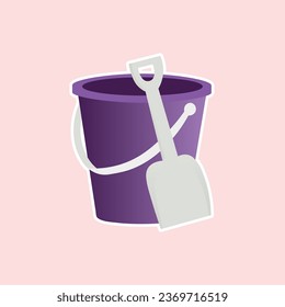 Cubo infantil con vector de pala. Ilustración vectorial aislada de un cubo morado y una pala