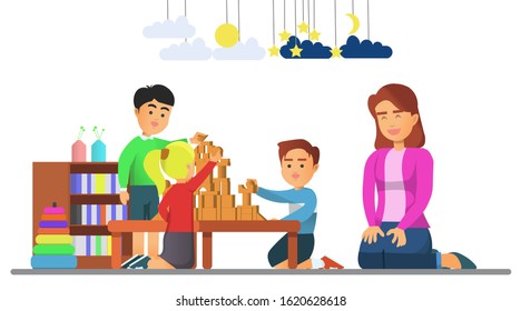 the children build a building from wooden toys by forming good teamwork, female teacher smiles seeing them.