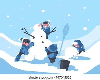 Children build snowman in winter. Childrens snowy fun. Vector illustration