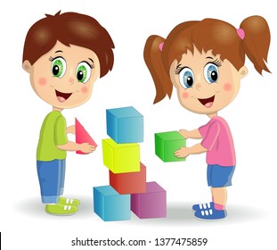 children build tower with blocks. Kids play using kit with bright colored cubes. Montessori materials concept.