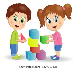 children build tower with blocks. Kids play using kit with bright colored cubes. Montessori materials concept.