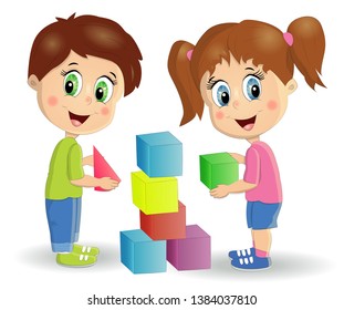 children build tower with blocks. Kids play using kit with bright colored cubes. Montessori materials concept.