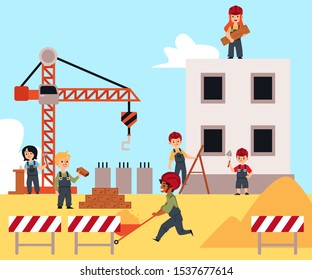 Children in builder uniform working at construction site - cartoon kids putting bricks, using nails, climbing ladder and holding equipment - flat vector illustration.