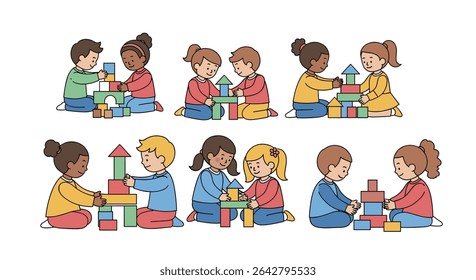 Children Building with Blocks Creating Structures Together in a Playful Learning Environment