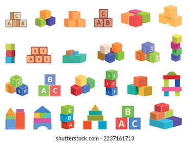 Children building blocks icons set cartoon vector. Wooden toy. Kid block