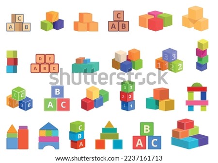 Children building blocks icons set cartoon vector. Wooden toy. Kid block