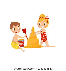 Children building castle from sand. Cute boy and girl in swimwear. Kids playing at beach. Summer outdoor activity. Flat vector design