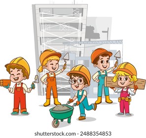 Children building house together, little builders with construction tools. Cartoon kids laying bricks, pushing wheelbarrow vector illustration. Construction worker with tools