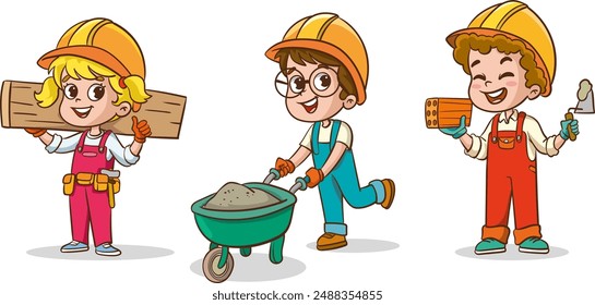 Los niños construyen casas juntos, pequeños constructores con herramientas de construcción. Niños de dibujos animados poniendo ladrillos, empujando Ilustración vectorial de carretilla. Trabajador de la construcción con herramientas