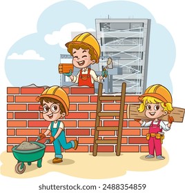 Los niños construyen casas juntos, pequeños constructores con herramientas de construcción. Niños de dibujos animados poniendo ladrillos, empujando Ilustración vectorial de carretilla. Trabajador de la construcción con herramientas