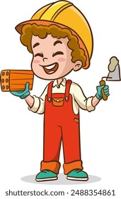 Children building house together, little builders with construction tools. Cartoon kids laying bricks, pushing wheelbarrow vector illustration. Construction worker with tools