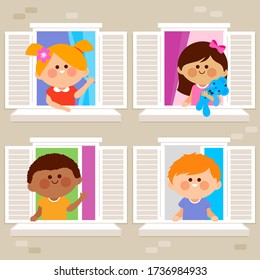 Children at a building looking out of windows. Vector illustration