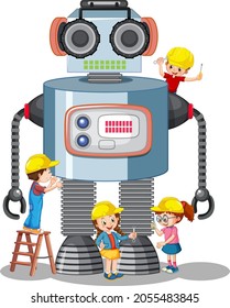Children building robot together on white background illustration