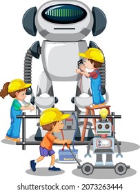 Children building robot together on white background illustration