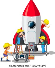 Children building rocket together on white background illustration