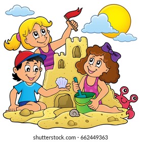 Children building sand castle theme 1 - eps10 vector illustration.