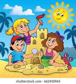 Children building sand castle theme 3 - eps10 vector illustration.