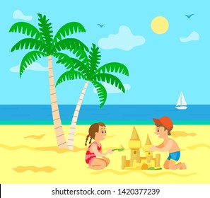 Children building sand castle vector, kids on summer vacations. Summertime fun, sailboat on sea, palm tree with exotic foliage and hot sand, sunny weather