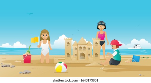 Children building sand castles on the beach.