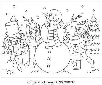Children building a snowman coloring page