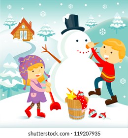 Children building a snowman/vector christmas illustration