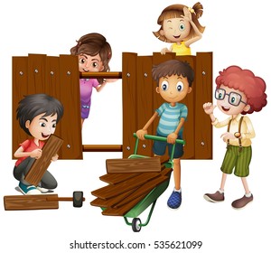 Children building wooden fence illustration