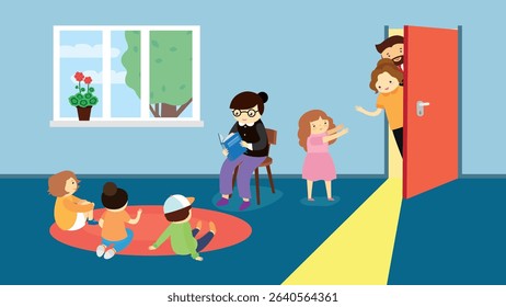 Children bullying their parents in the school corridor. Vector illustration in flat style