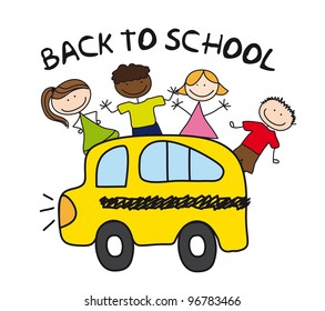 children and bus drawing, back to school. vector