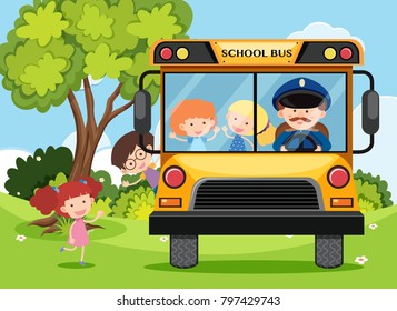 Children and bus driver on school bus illustration