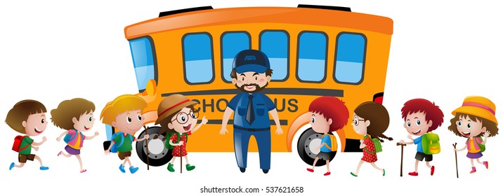 Children and bus driver standing by the schoolbus illustration