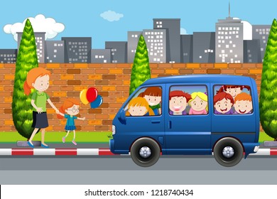 Children in a bus scene illustration