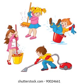 Children, Busy Cleaning Up Apartments.