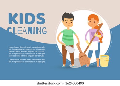Children busy cleaning up apartments and helping mother vector banner illustration. Cartoon boy holding whisk and scoop and girl with mop and bucket. Cartoon kids cleaning floor for web banner.