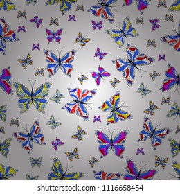 Children butterfly seamless pattern. Vector fashion butterflies wallpaper for child. Beautiful colorful butterflies on a white, blue and yellow background.