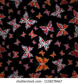 Children butterfly seamless pattern. Vector. Cute background for paper, design of fabric, wrappers and wallpaper. Art butterflies on black, red and neutral colors.