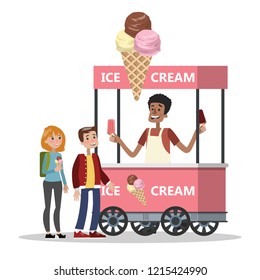 Children buy ice cream from the cart  Cold dessert sale the street  Cart and sweet snack  Flat vector illustration