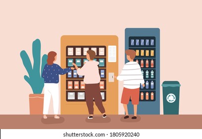 Children Buying Snack And Beverage At Vending Machine Vector Flat Illustration. Group Of Kids Choosing And Paying Junk Food Or Sweet Isolated. Friends Use Modern Self Service Interactive Kiosk