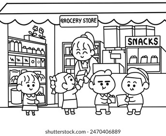 The children buying snacks at grocery store.