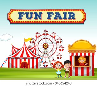 Children Buying Ticket At Fun Fair Illustration