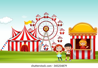 Children buying ticket at the fun park illustration