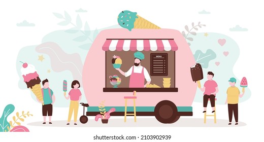 Children buys ice cream in van. Man sells various frozen desserts in food truck. Schoolboy eats popsicle in chocolate glaze. Gelato of different flavors sold at street kiosk. Flat vector illustration