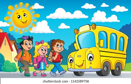 Children by school bus theme image 2 - eps10 vector illustration.