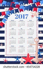 Children calendar for 2017 year. Week starts from Sunday. Marine frame with flags, starfishes and anchor. Striped vest background. Retro vector illustration