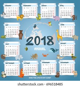 children calendar 2018. different animals on the background of months. vector