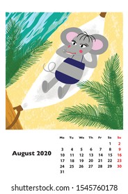 Children calendar 2020 for August, with main hero rat or mouse, a symbol of the new year. The week starts on Monday. Cartoon style digital drawing, vector illustration