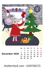 Children calendar 2020 for December, with main hero rat or mouse, a symbol of the new year. The week starts on Monday. Cartoon style digital drawing, vector illustration