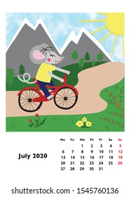 Children calendar 2020 for July, with main hero rat or mouse, a symbol of the new year. The week starts on Monday. Cartoon style digital drawing, vector illustration