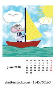 Children calendar 2020 for June, with main hero rat or mouse, a symbol of the new year. The week starts on Monday. Cartoon style digital drawing, vector illustration